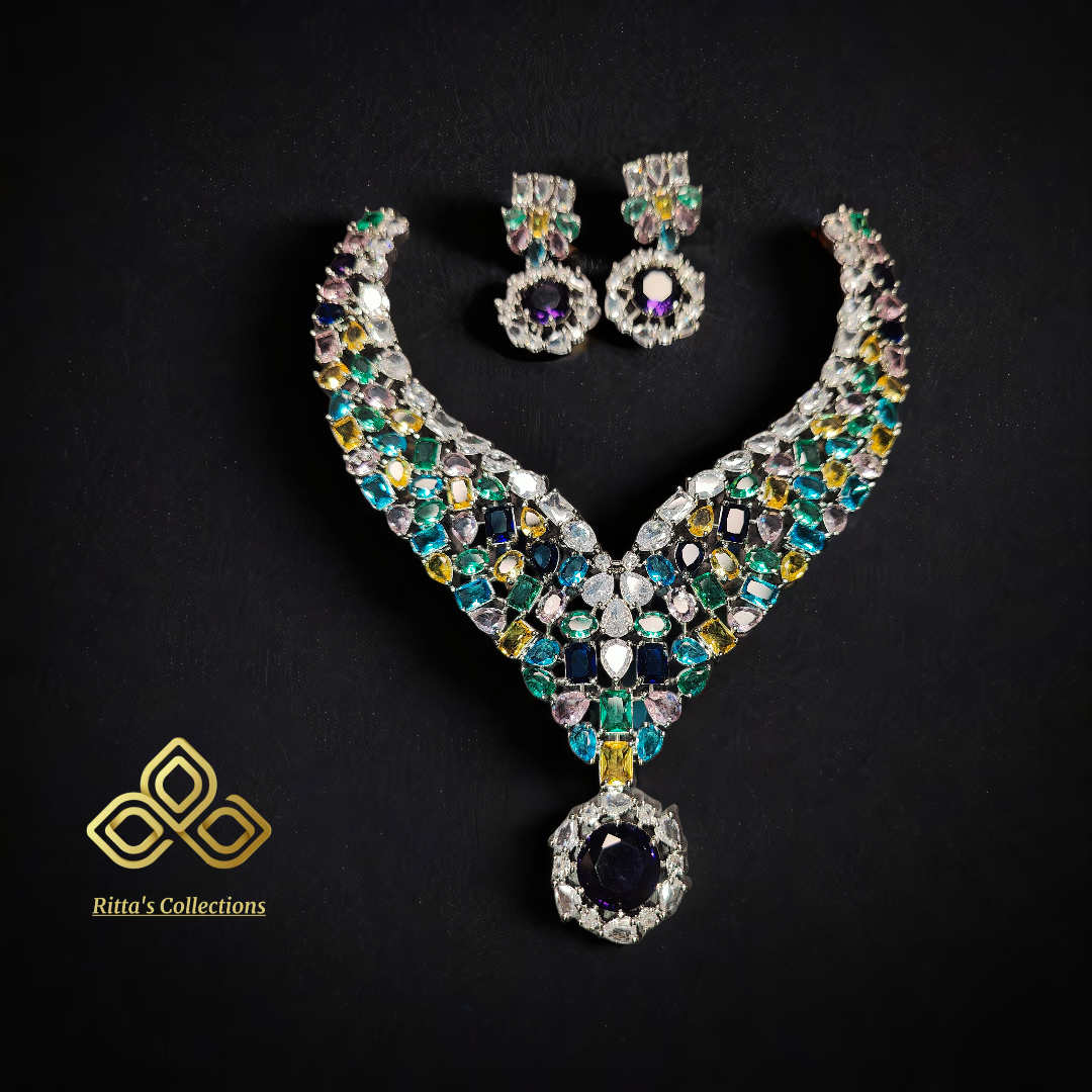 Multicolored Statement Necklace with Earrings