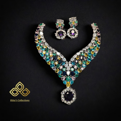 Multicolored Statement Necklace with Earrings