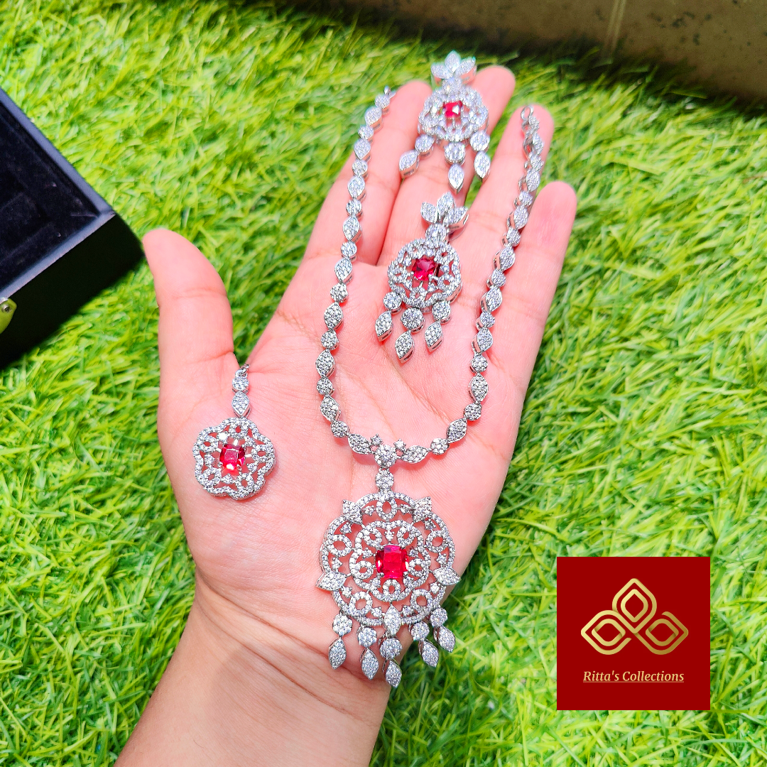 Red American Diamond Necklace with Earrings and maangtikka
