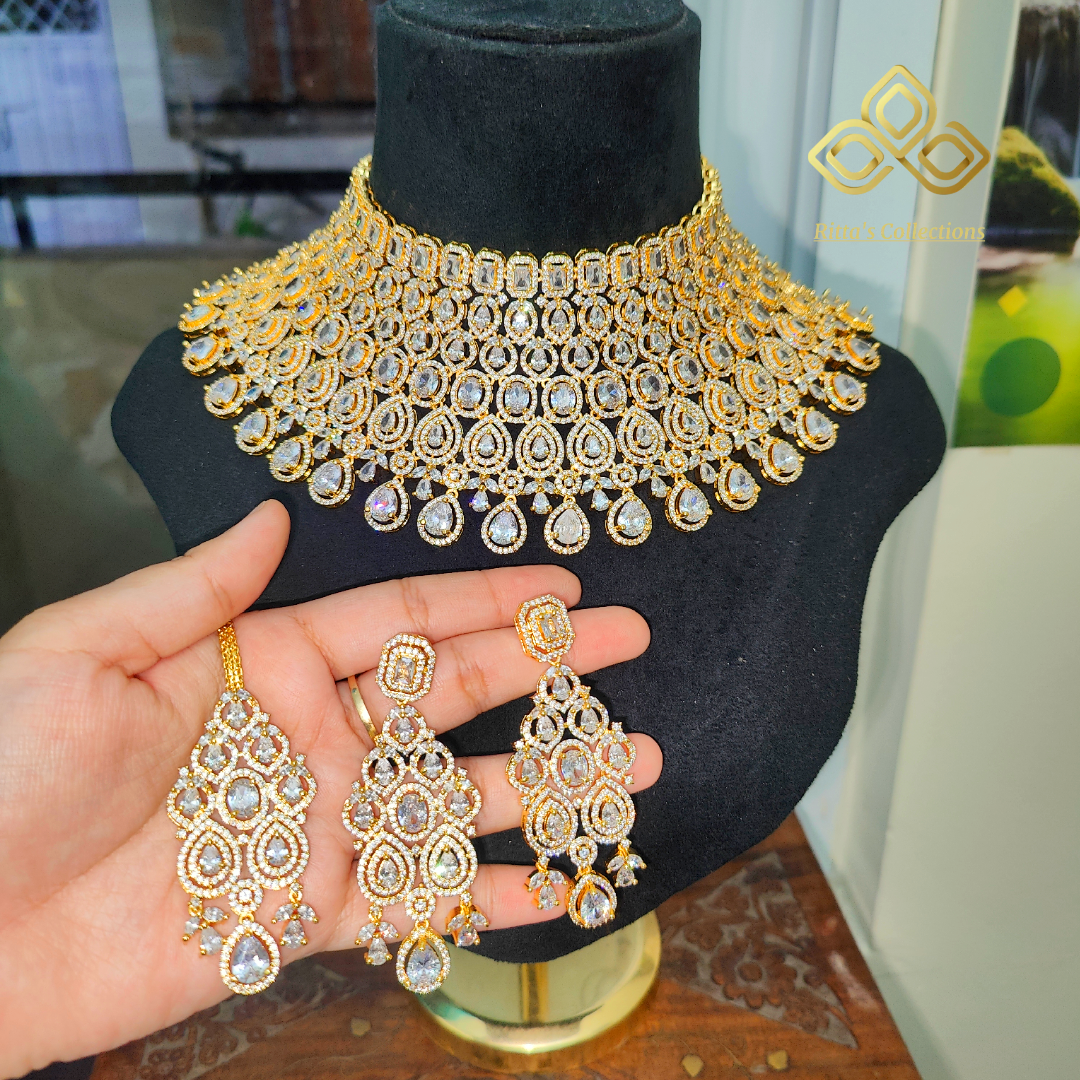 Ritta's Collections, Premium Golden Polish Bridal Chokar with Earrings and Maangtikka, Swipe for video