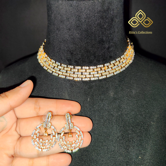 Micro Setting Sleek American Diamond Necklace with Earrings, golden polish