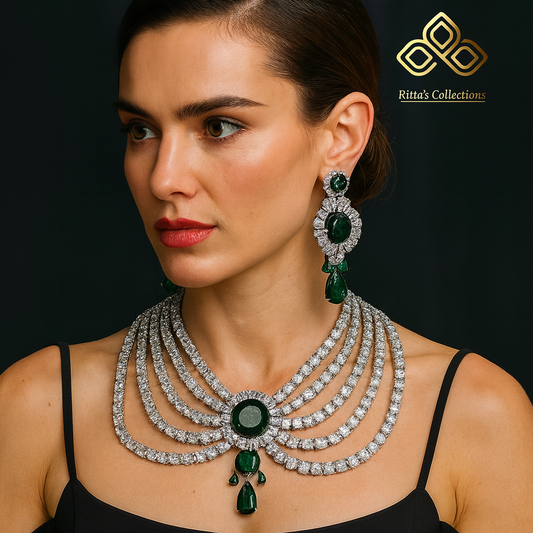 Five 5 Layer Emerald Green American Diamond Necklace with Earrings, Premium Article