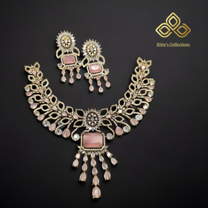Baby Pink American Diamond Necklace with Earrings, Golden Polish
