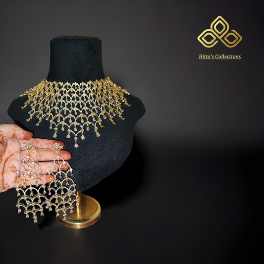Golden Polish Exclusive American Diamond Chokar Necklace with Earrings