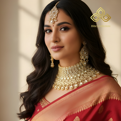 Ritta's Collections, Premium Golden Polish Bridal Chokar with Earrings and Maangtikka, Swipe for video