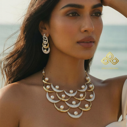 Ritta's American Diamond Statement Necklace with Pearls, 2 Tone Polish (Golden-Silver)