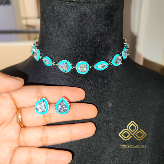 American Diamond Sleek Chokar with studs, Firozi Colour