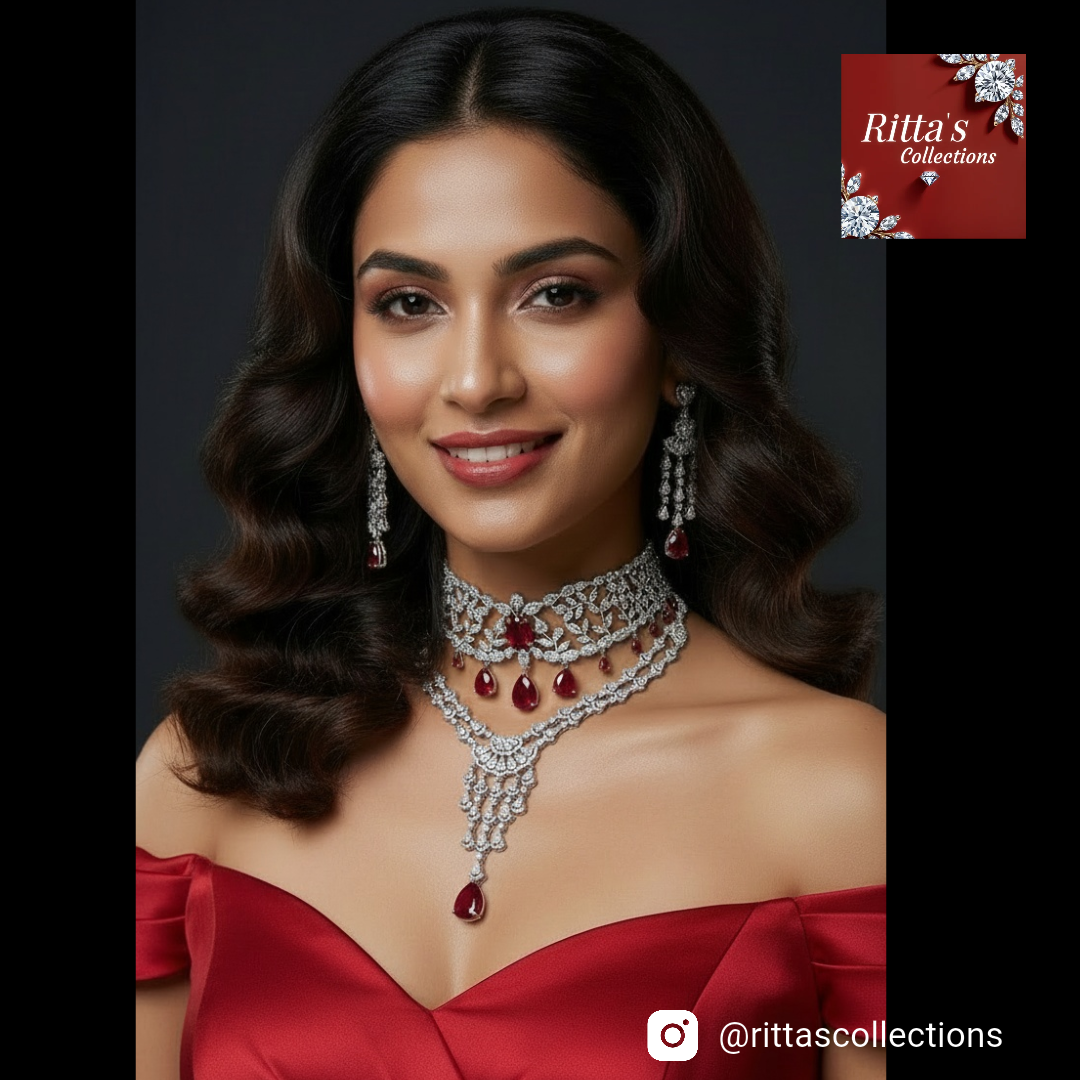Red American Diamond Chokar and Necklace with long Earrings