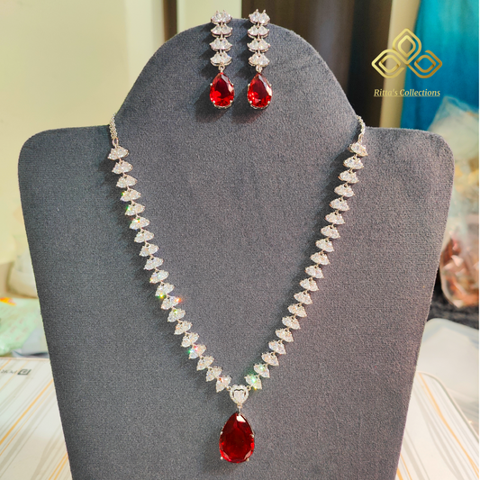 Premium Red American Diamond Necklace with Earrings