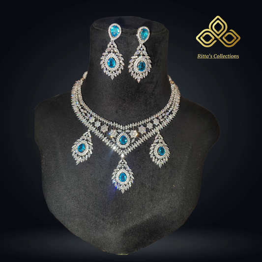 Aqua Blue American Diamond Necklace with Earrings