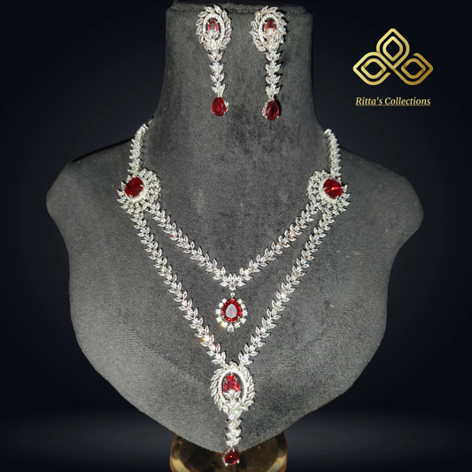 Red Double layer American Diamond Necklace with Earrings