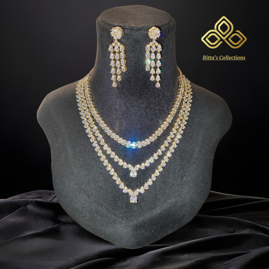 Three Layer Golden Polish American Diamond Necklace with Earrings