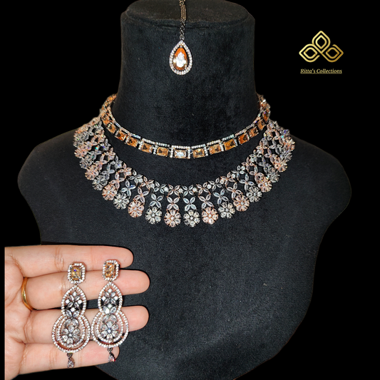 Dual Tone Golden Victorian Polish American Diamond Necklace with Earrings and Maangtikka