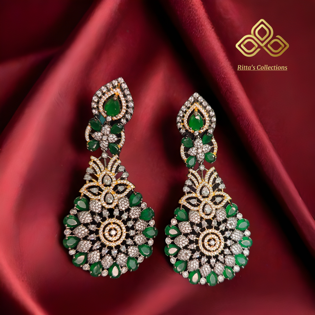 Emerald Green Earrings with Dual Tone Victorian Polish