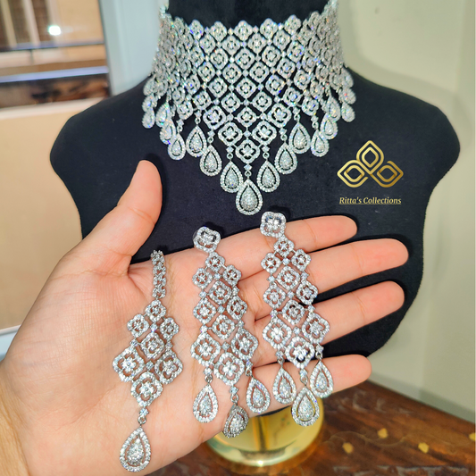American Diamond Chokar With Earrings and Maangtikka, Rhodium Silver Polish