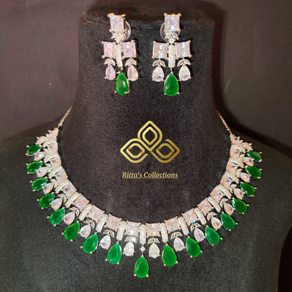 AAA Quality Emerald Green American Diamond Necklace, Rhodium Polish (silver)