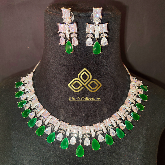 AAA Quality Emerald Green American Diamond Necklace, Rhodium Polish (silver)