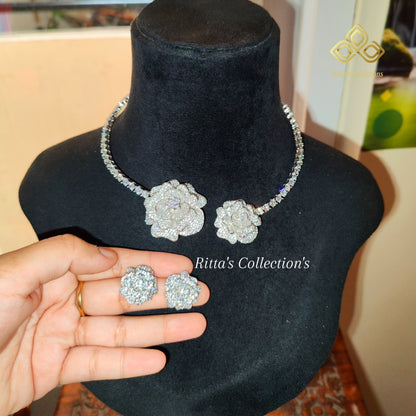 Ritta's Designer American Diamond Hasli with Earrings Front Openable (Invisible Nano Setting)