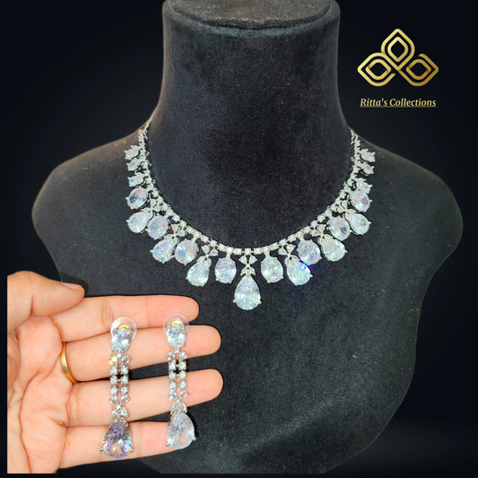 Rhodium Plated American Diamond Necklace with Earrings