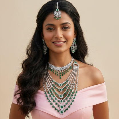 Bridal Emerald Green American Diamond Necklace Set, 6 layers necklace with 1 short necklace, earrings and Maangtikka