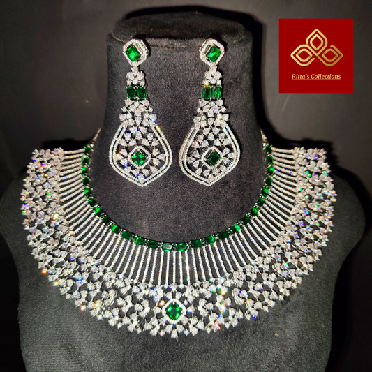 Premium AAA Quality Green American Diamond Necklace with Earrings