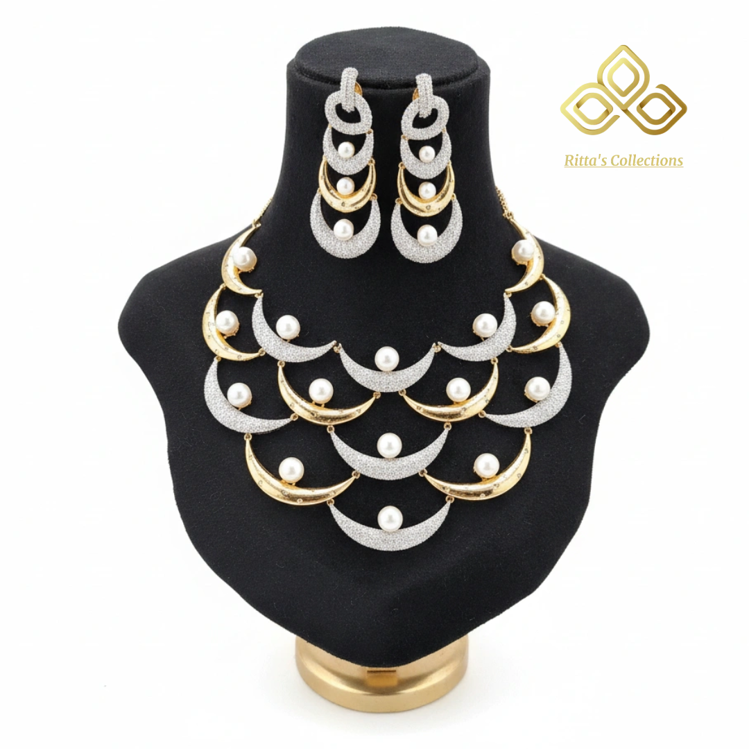 Ritta's American Diamond Statement Necklace with Pearls, 2 Tone Polish (Golden-Silver)