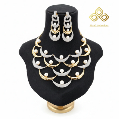 Ritta's American Diamond Statement Necklace with Pearls, 2 Tone Polish (Golden-Silver)