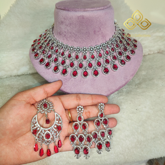 Red American Diamond Necklace with Earrings and Maangtikka, Swipe for Video, shade - Rado Red, Ruby Red