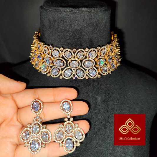 American Diamond Chokar in Mehendi Polish (Antique Golden)