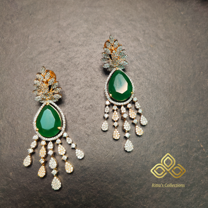 Ritta's EarLuxe High Gold Polish Emerald Green American Diamond Earrings