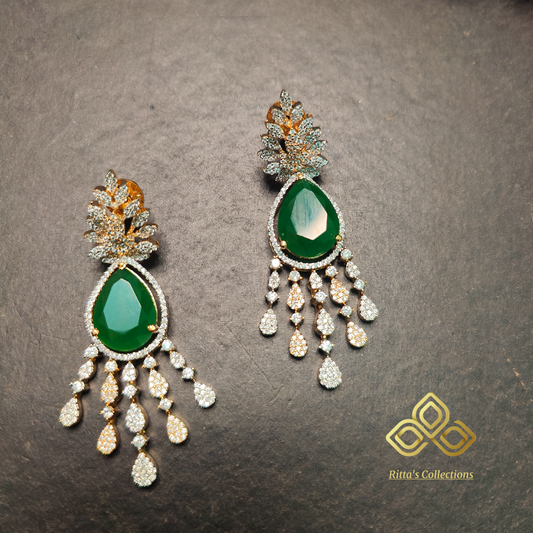 Ritta's EarLuxe High Gold Polish Emerald Green American Diamond Earrings