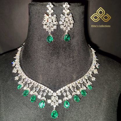 Rama Green Sweetheart American Diamond Necklace with Earrings