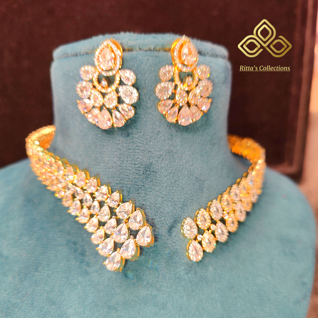 Front Open Designer American Diamond Necklace with Earrings
