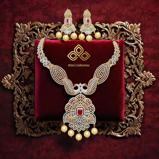 Golden Polish Dual Tone American Diamond Ruby Pink Necklace with Pearls