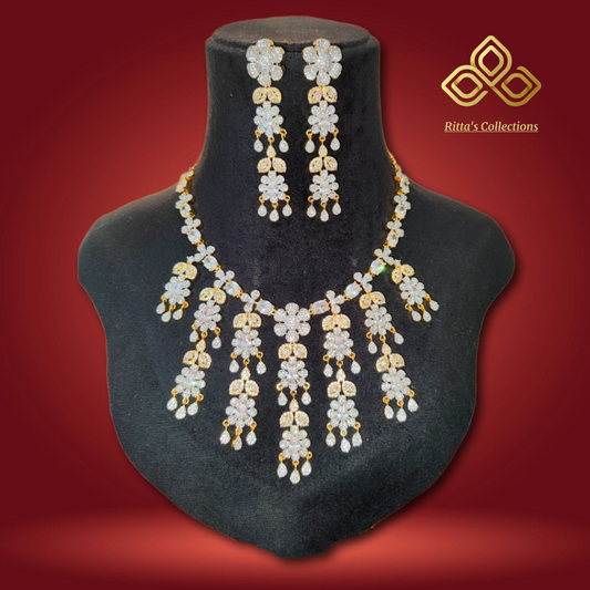 Ivory Favourite, Dual Tone Ganga Jamuna Polish American Diamond Necklace with Earrings