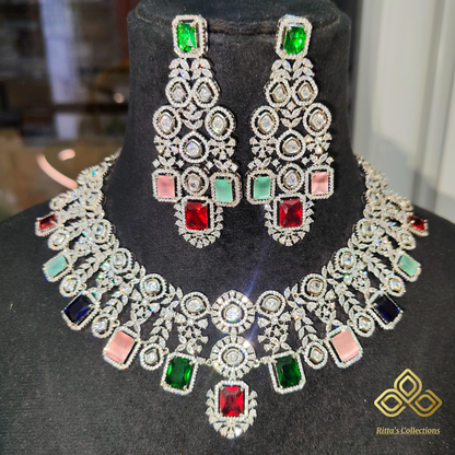 Ritta's Collections Multicolour American Diamond Necklace with Earrings