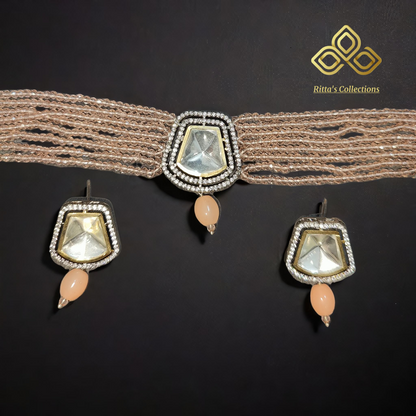 AD Kundan Chokar with Onyx hydro beads, Peach Colour