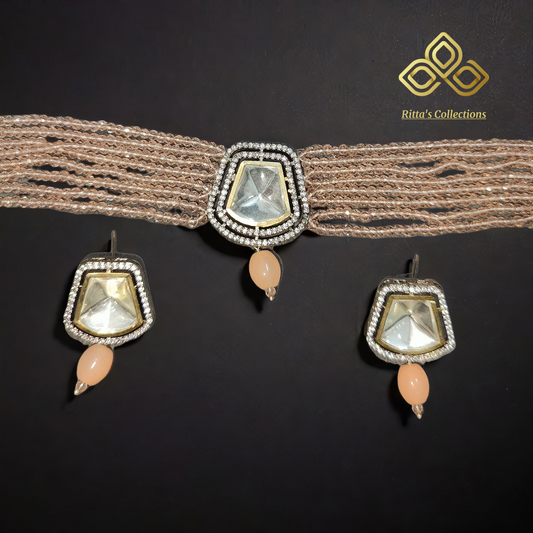 AD Kundan Chokar with Onyx hydro beads, Peach Colour
