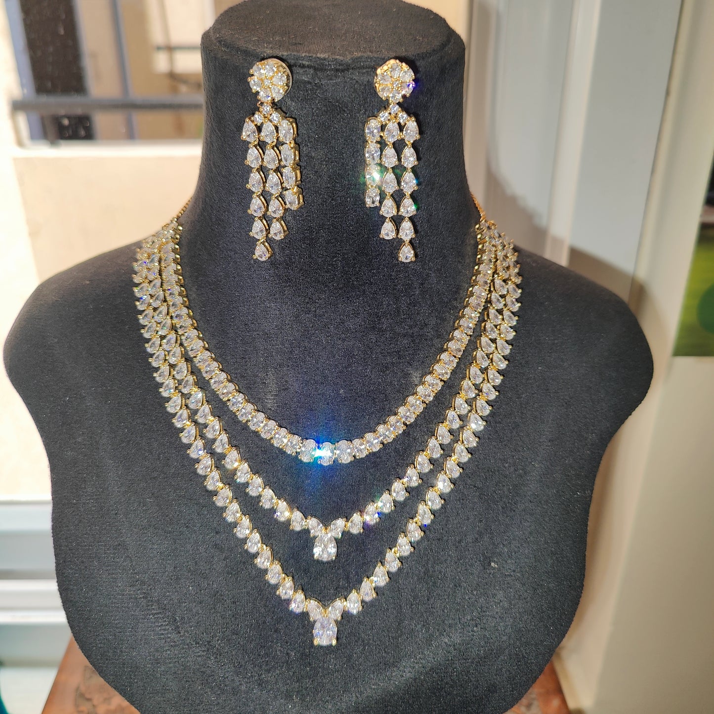 Three Layer Golden Polish American Diamond Necklace with Earrings