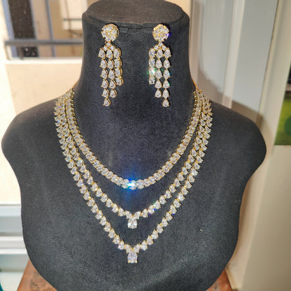 Three Layer Golden Polish American Diamond Necklace with Earrings