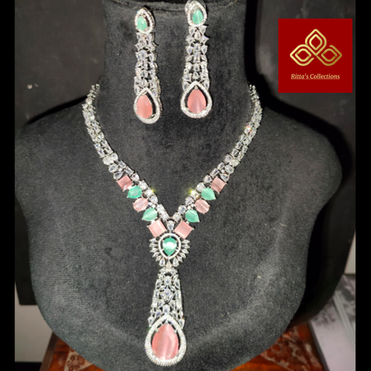 Mint Green and Baby Pink Multi American Diamond Necklace with Earrings