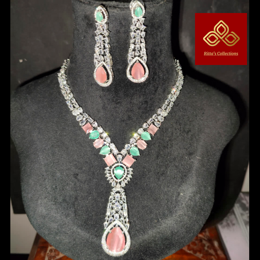 Mint Green and Baby Pink Multi American Diamond Necklace with Earrings