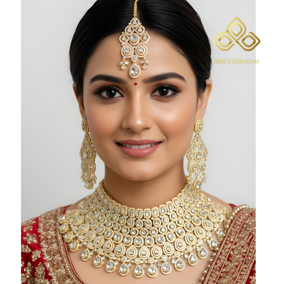 Ritta's Collections, Premium Golden Polish Bridal Chokar with Earrings and Maangtikka, Swipe for video