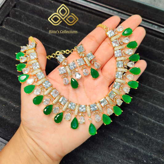 Premium Golden Polish Emerald Green American Diamond Necklace with earrings