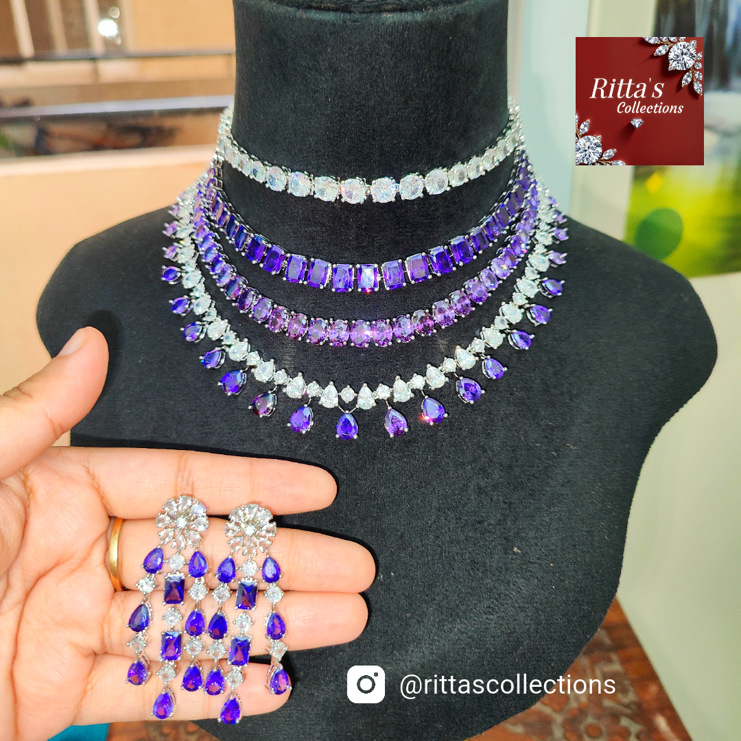 Purple 4 Layer American Diamond Necklace with Earrings