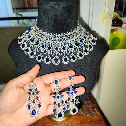 Blue American Diamond Bridal Chokar with Earrings and Maangtikka, swipe for video