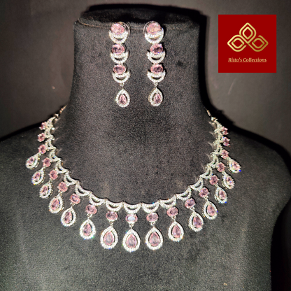 Blush Pink American Diamond Necklace with Earrings