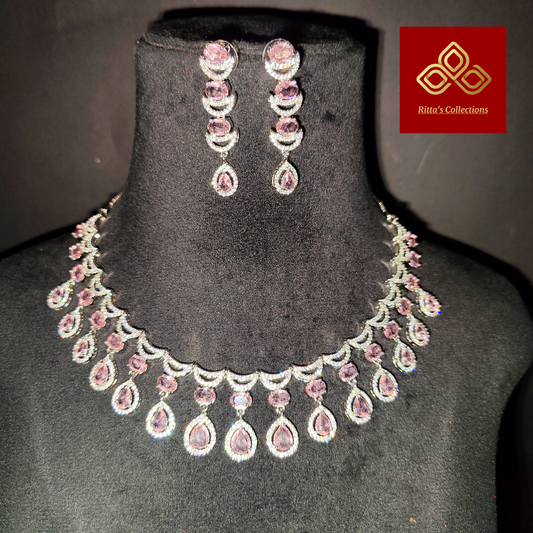 Blush Pink American Diamond Necklace with Earrings