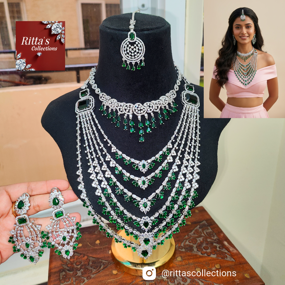 Bridal Emerald Green American Diamond Necklace Set, 6 layers necklace with 1 short necklace, earrings and Maangtikka