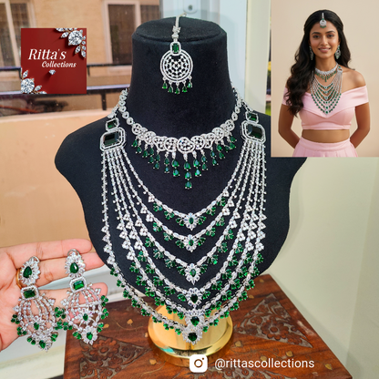 Bridal Emerald Green American Diamond Necklace Set, 6 layers necklace with 1 short necklace, earrings and Maangtikka